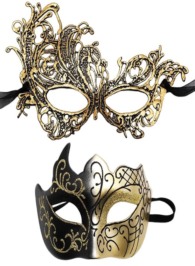 PATPAT® 2Pcs Couple Masquerade Masks, Luxury Hollow Out Lace Masquerade Masks for Women & Venetian Masquerade Mask for Men, Halloween Vintage Black Golden Lady Gentleman Party Mask for Costume Party - Image 1